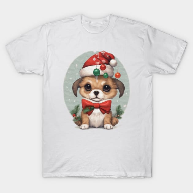 cute little puppy wearing a santa hat T-Shirt by JnS Merch Store